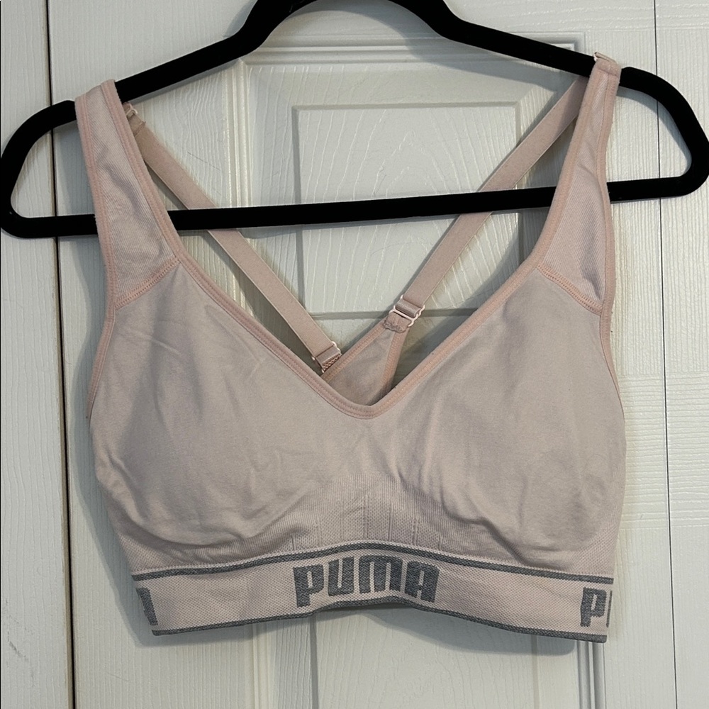 PUMA Women's Light Pink Sports Bra Athleisure Workout Sporty Padded Adjustable